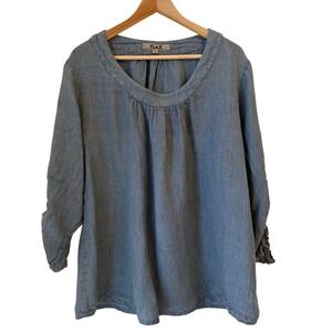 FLAX Linen Blouse Top Womens L Blue 3/4 Sleeve Coastal Beachy Lightweight Blue